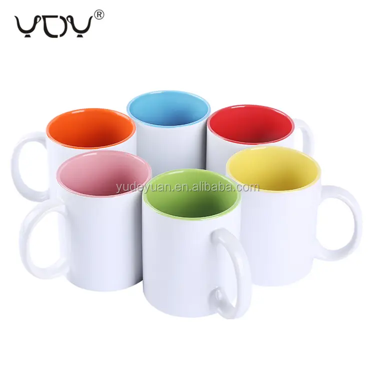 Sublimación de cerámica blanca en Blanco estampado de porcelana de logotipo simple 11Oz café de leche impreso taza de Color en el interior