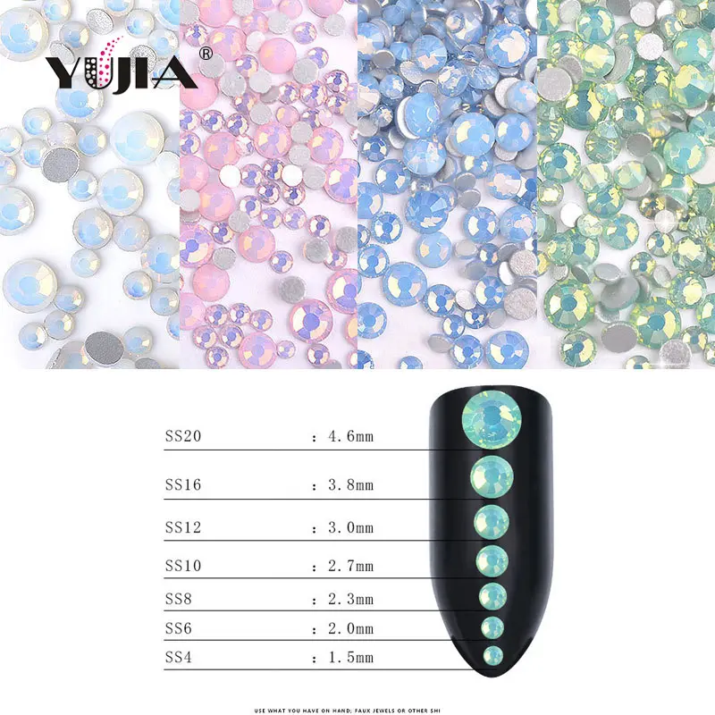 YUJIA 4 Warna Cina AA Seni Kuku Albumen Warna Datar Kembali Kristal Berlian Imitasi Campuran Ukuran SS4-SS20