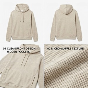 Felpa con Cappuccio Doppio da Uomo, Premium, Lusso, Basic, Vestibilità Ampia, Beige Avena, in Morbido Cotone Waffle - Product Image 3