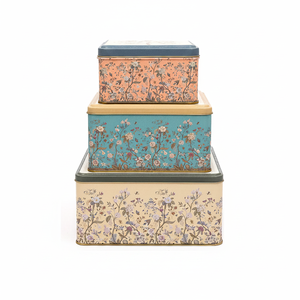 Kontensan Square Metal <b>Storage</b> <b>Box</b> Set 235mm X 235mm X 110mm (Set of 3) Floral Design Pastel <b>Blue</b> Botanica - Product Image 2