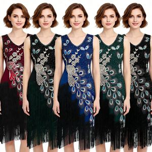 Gatsby 1920s Retro <b>Sequined</b> Dress V-neck Empire Waist Sheath Evening Gown with Tassels and Beads for Women - Product Image 1