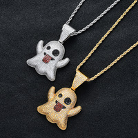 Pendentif Hip Hop Ghost avec langue dégagée, collier serti de CZ, bijoux de style urbain en gros