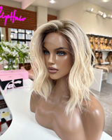 Perruque Bob Blond Platine Cheveux Humains, Perruque Courte Ondulée Sans Colle avec Dentelle HD pour Femmes