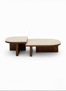 Ensemble de 2 tables basses de style mid-century avec plateau en pierre et base en bois massif pour salon, hôtels, bars, restaurants et villas - Product Image 3