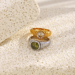 Stainless Steel Round Zircon Bezel Band <b>Ring</b> Vintage Textured Stackable <b>Statement</b> Finger <b>Ring</b> For Women Daily Party Jewelry - Product Image 3