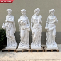 YOUFINE Ensemble de 4 sculptures de déesses des quatre saisons en fibre de verre blanches grandeur nature, sculptées à la main, statues de femmes aux motifs floraux et fruitiers avec piédestal