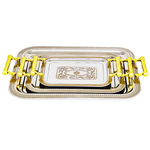 Commercio all'ingrosso stile arabico decorativo di lusso rettangolo in <span class=keywords><strong>acciaio</strong></span> inox Hotel 3 pezzi Set cibo <span class=keywords><strong>vassoi</strong></span> con maniglia - Product Image 1