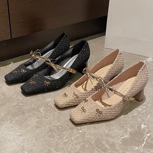 Zapatos de Tacón Alto de Cuero Dorado para Mujer, Color Champán, Estilo Chino, para Boda de Verano, Tacón de Aguja, Punta Puntiaguda, Antideslizantes - Product Image 1