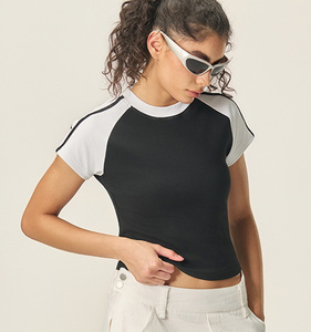 92.2% Cotton 7.8% Spandex <b>Women's</b> Slim Fit Stretch Cropped T-Shirt Custom Logo Color Block Striped Short Sleeve <b>Crop</b> <b>Top</b> - Product Image 4