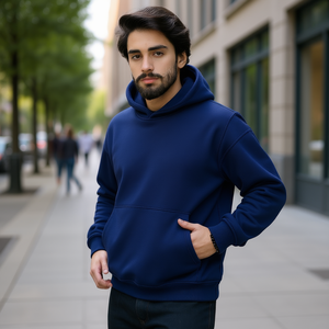 Sweat à capuche personnalisé pour homme, bleu marine, en molleton de coton mélangé, logo imprimé sur le devant, service OEM, coupe classique, vêtement d'hiver - Product Image 2