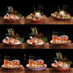 Plateau de fruits de mer avec glace sèche, sashimi de saumon, conque en mélamine, plateau de service de cuisine japonaise pour hôtel - Product Image 1