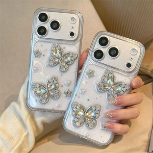 Coque de téléphone transparente antichoc avec cadre diamanté, motifs fleurs et papillons, paillettes époxy, pour iPhone 17 16 15 Pro Max - Product Image 4