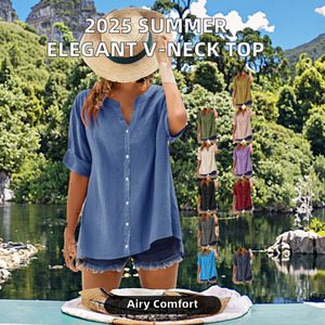 Nueva Blusa Elegante de Verano 2025 para Mujer, Cuello en V, Holgada, Informal, con Botones, de Lino, Transpirable, de Gasa Tejida, Sencilla, a la Moda, Lisa - Product Image 3