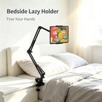 Draaibare, opvouwbare, metalen, zwarte, lazy laptop- & tabletstandaard, hangende beugel voor gebruik aan het bed of op het bureau in studentenhuizen