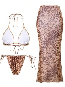 Ensemble bikini 3 pièces pour femme, imprimé léopard, haut triangle dos nu, string en maille à nouer sur le côté, séchage rapide, respirant, rembourrage amovible - Product Image 6