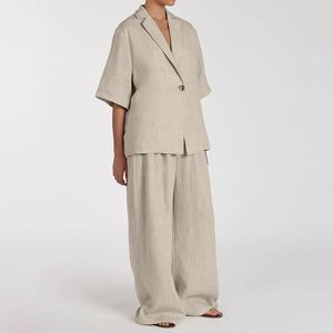 Pantaloni larghi cachi personalizzati e <span class=keywords><strong>abbigliamento</strong></span> <span class=keywords><strong>classico</strong></span> Top tailleur Casual da <span class=keywords><strong>donna</strong></span> 2025 2 pezzi Set di pantaloni da <span class=keywords><strong>donna</strong></span> in lino di viscosa di qualità estiva - Product Image 2