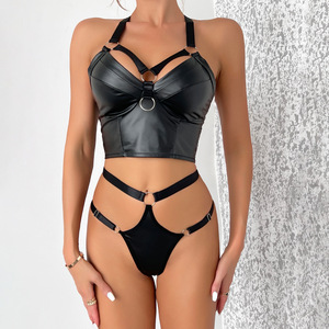 Sexy Tempting PU Tight Two-piece Lingerie Set Hot Solid Color <b>Leather</b> <b>Underwear</b> Set - Product Image 1