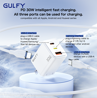 Adaptateur secteur compact GULFY 30W 3 ports USB-C/L/A avec broche pliable CE/FCC/RoHS Chargeur rapide pour Apple Android Huawei Prise US