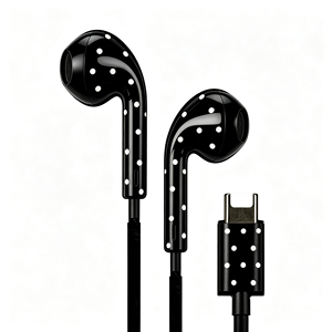 Auriculares con cable tipo C, auriculares internos con cable, conector tipo C, color negro con diseño de puntos blancos, audio estéreo para teléfonos móviles - Product Image 1