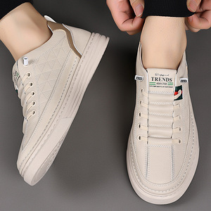 Baskets décontractées pour hommes en cuir véritable, bout rond, semelle souple en caoutchouc, motif géométrique, à lacets, chaussures de marche - Product Image 4