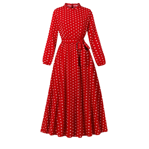 <b>Red</b> Polka Dot Midi Dress Round Neck Long Sleeve A-Line Vintage Belted Casual wholesale <b>Red</b> Full Sleeve Breathable Women's Dress - Product Image 3