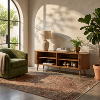 Meuble TV moderne italien en bois avec porte coulissante ovale, unité de divertissement de style mi-siècle, meuble multimédia cannelé pour salon et hôtel