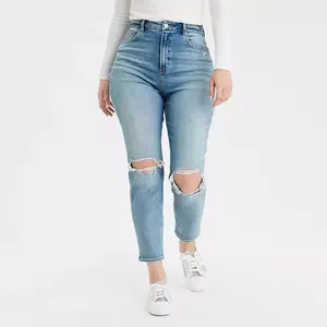 Модные частная этикетка с завышенной талией, джинсовые узкие брюки Узкие рваные хип мама пышные женские джинсы
