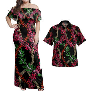 Hawaii Combo Off Shoulder Vestido largo y camisa Flores Lei Design Vestidos de <span class=keywords><strong>mujer</strong></span> con hombres Camisas hawaianas Venta al por mayor 2 Set <span class=keywords><strong>Ropa</strong></span> - Product Image 1