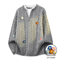 Pull Homme Faux Deux Pièces Confortable Style Rétro Décontracté Printemps-Automne avec Broche Fleur Amovible et Couleurs Contrastées