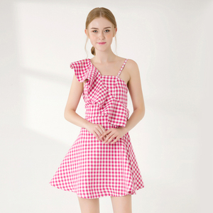 2018 Primavera Verano mujeres Plaid <span class=keywords><strong>de</strong></span> oblicuo Collar <span class=keywords><strong>de</strong></span> Mini vestido sin tirantes Slim Casual vestido para damas <span class=keywords><strong>de</strong></span> <span class=keywords><strong>la</strong></span> <span class=keywords><strong>noche</strong></span> - Product Image 1