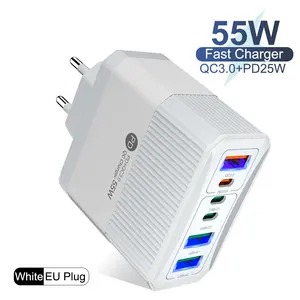 2024 Trend US EU UK AU 55W 25W USB Portable Charger Mobile Phone 6 Ports Type C Quick Charger QC 3.0 Wall Adapter Fast Charger