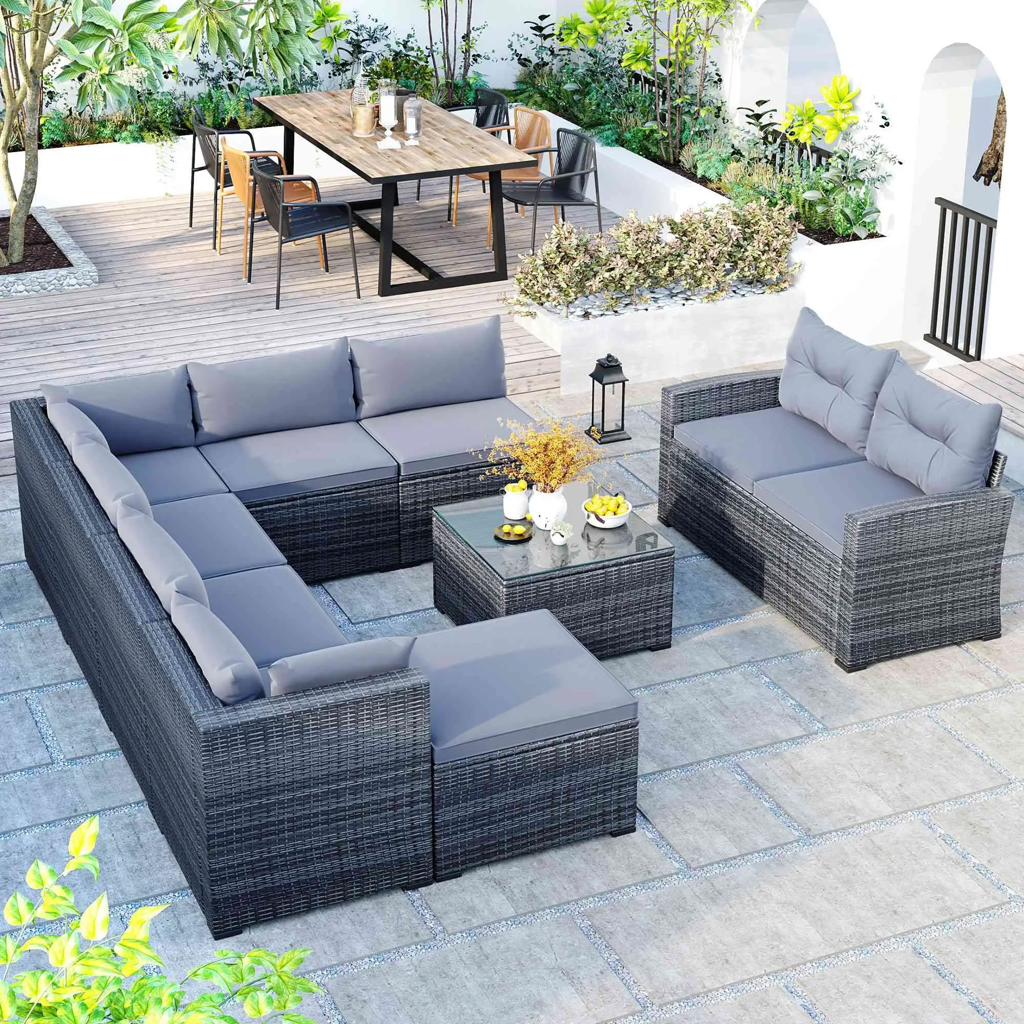 Outdoor Rattan Furniture Garden Conversation Sofa Patio Wicker U-shape lounge sets with Cushions Modern Courtyard Corner Sofa