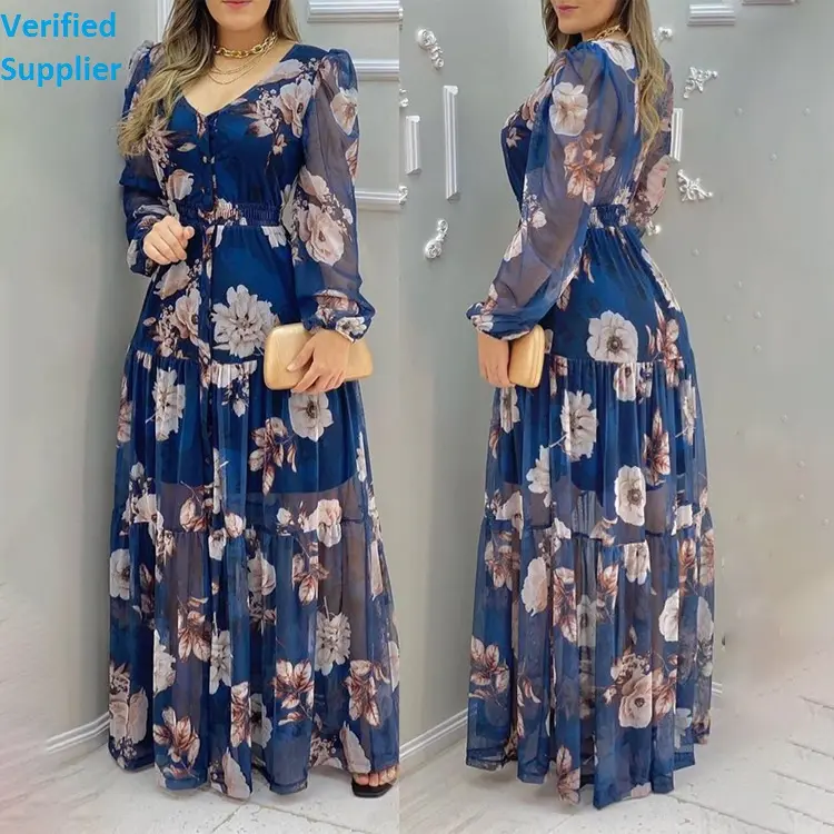 Vestidos Elegantes Para Mujer Mode Gebloemde Jurk Casual Mesh Print Maxi Shirred Gesmokte Jurk Vrouwen Elegant Lange Jurken