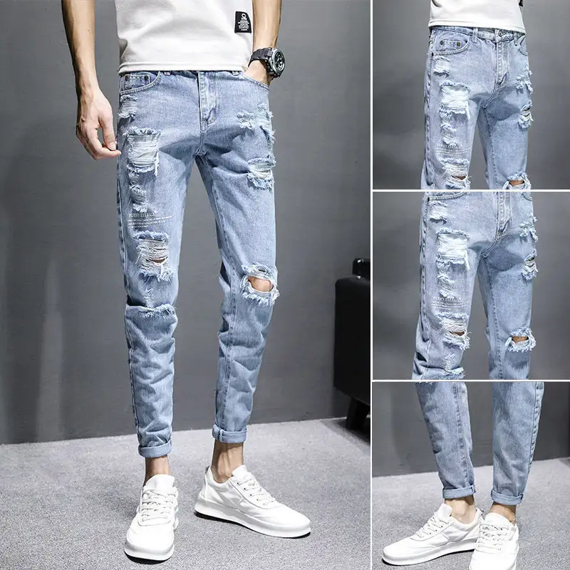 Celana denim Jin Biru ukuran Plus 2023 celana boyfriend pria skinny pinggang sedang celana jeans pria fashion robek tertekan pergelangan kaki jeans pria