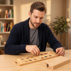 Jeu de Mancala en bois avec pierres colorées, design traditionnel sculpté, étui de rangement pliable - Product Image 1
