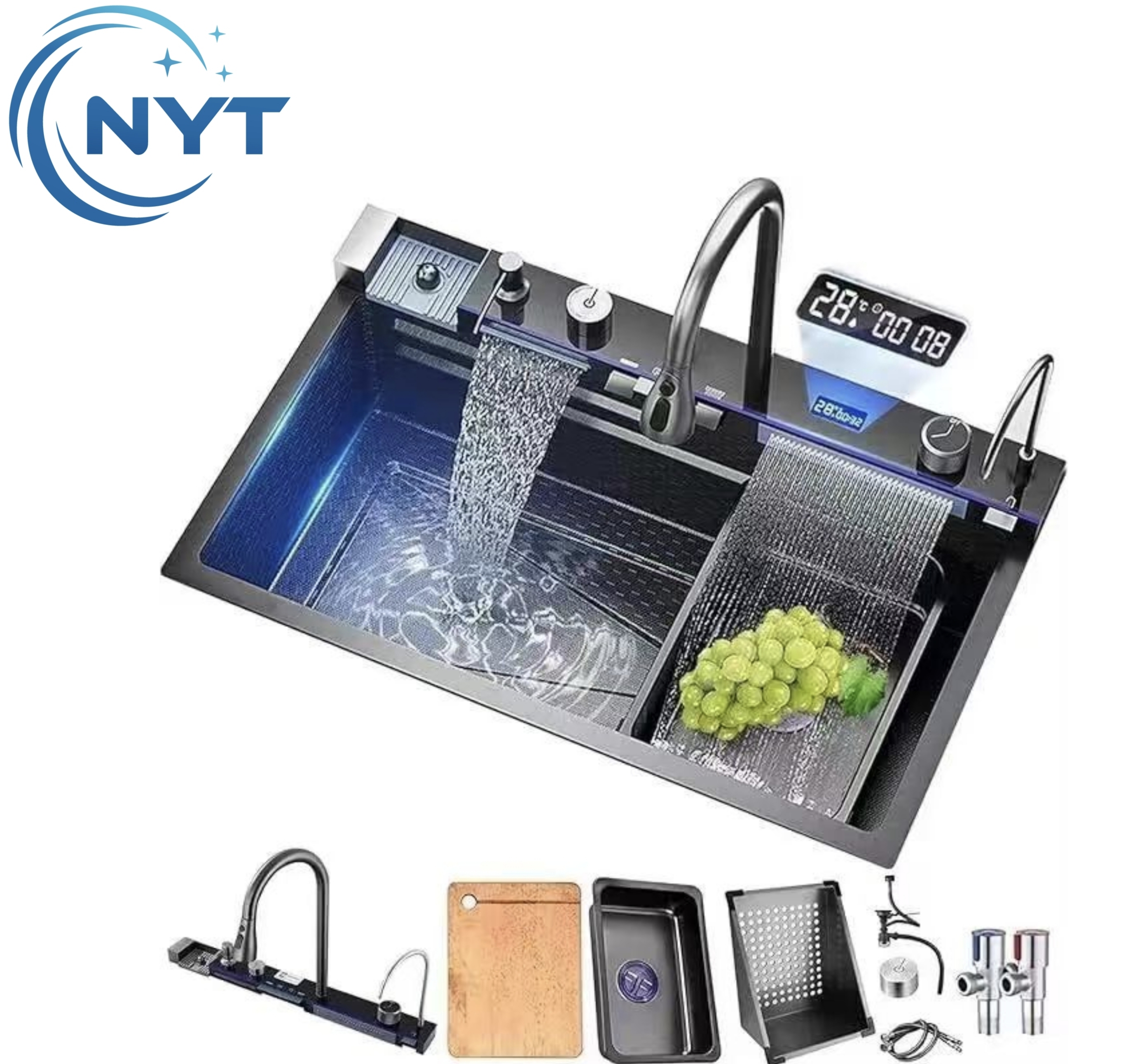2026 New Design 304 Stainless Steel Single Bowl Nano Black Waterfall Smart Kitchen Sink with Cutting Board Set