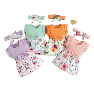 幼児の女の子の服ヘッドバンドの女の子とベビー服夏の甘い花柄のパッチワークノースリーブのベビーロンパース