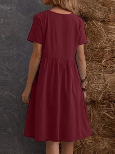 Women's <b>Loose</b> Fit Cotton Linen <b>Dress</b> Summer Round Neck Short Sleeve Casual <b>Dress</b> With Pockets - Product Image 5