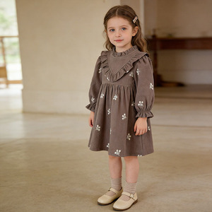 <span class=keywords><strong>Vestito</strong></span> Marrone con Ricamo Floreale per Bambine, Maniche Lunghe, Colletto Arricciato, Linea ad A, per Primavera, Autunno, Feste e Uso Quotidiano - Product Image 2