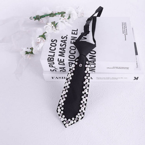 Corbata decorativa estilo JK negra con perlas y diamantes de imitación para mujer, accesorio de moda para uniformes escolares y uso diario - Product Image 4