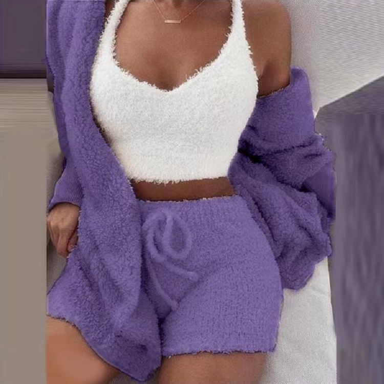 Fazortev Women’s Fuzzy Pajama Set – Cropped Hoodie & High-Waist Shorts, Lounge Wear