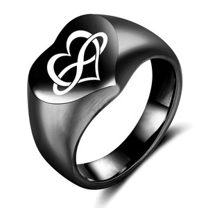 Heart Shaped Stainless Steel <b>Ring</b> 12mm Unisex <b>Couple</b> Jewelry Gift Black Engraved Design - Product Image 4