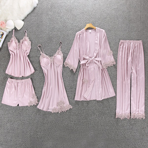 Ladymate ODM/OEM Conjunto De Pijama Con Estampado Sedoso Para Mujer 5 Piezas Conjunto De Pijama Estampado Sedoso Mujeres Ropa De Dormir De Encaje Satinado - Product Image 3