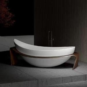 Bañera Exenta de Inmersión de Diseño Único y Moderno con Marco de Patrón de Madera, Superficie Sólida de Piedra Artificial con Desagüe - Product Image 2