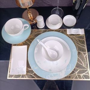 Service de table en porcelaine fine gris-bleu avec incrustation de marbre et bordure dorée, idéal pour hôtels de luxe, banquets et clubs privés, personnalisable avec logo. - Product Image 5