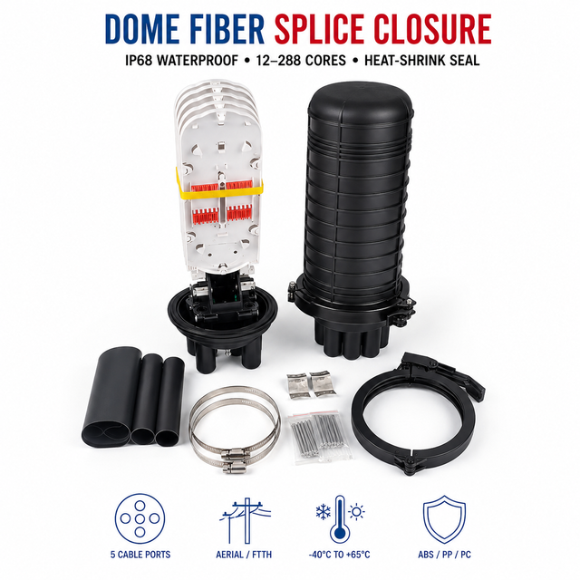 Fiber Optic Splice Closure Dome Type IP68 Waterproof 12 24 48 96 144 288 Core FTTH Aerial Heat Shrink Joint Closure