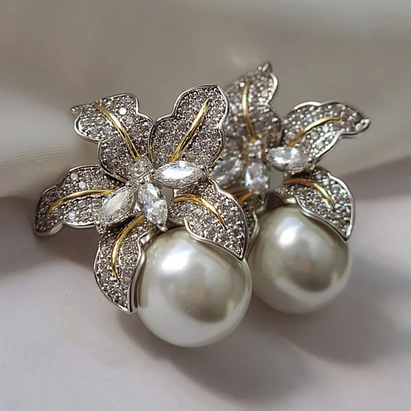 CAOSHI Wholesale Price Flower Earrings Women Luxury Inlaid Sparkling CZ Stone Silver Color Wedding Bridal Pearl Earrings