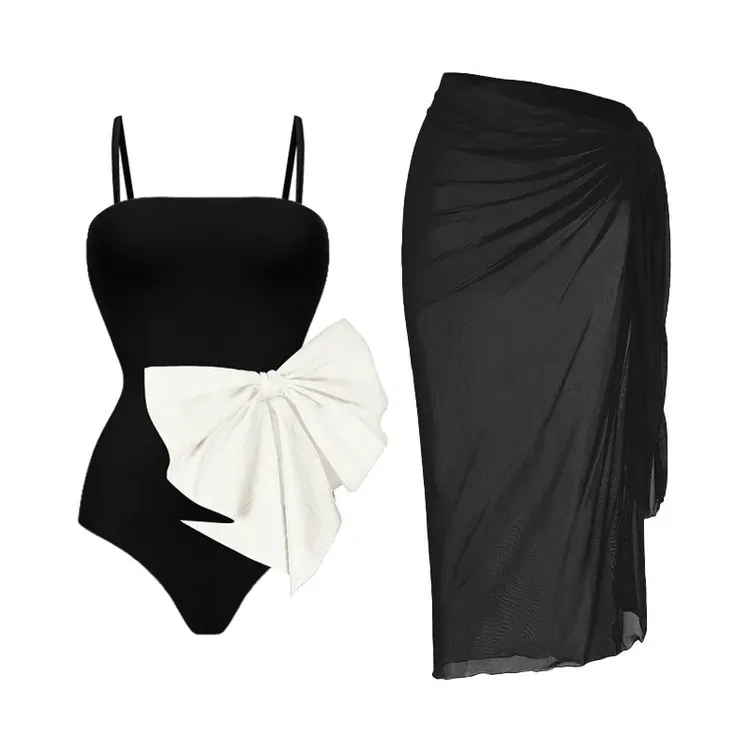 2023 New Bowknot One Piece Swimsuit and Skirt for Women Solid Black Bathing Suit Sarong Beachwear High Leg Swimwear Monokini OEM