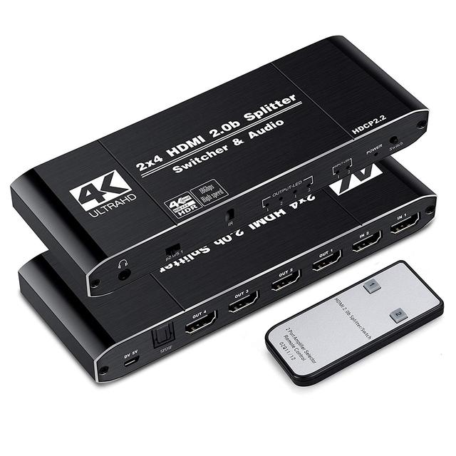 4K 60Hz 2x4 HDMI 2.0 Switch Splitter SPDIF Audio 3.5mm & Scaler 2 in 4 Out with IR Remote Support 4K 3D HDMI2.0 HDCP2.2