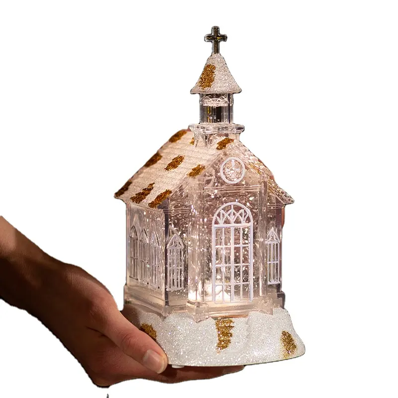 2024 New Product Christmas Acrylic Church Lamp Ornament Musical Christmas Gifts Lighted Snow Water Lantern